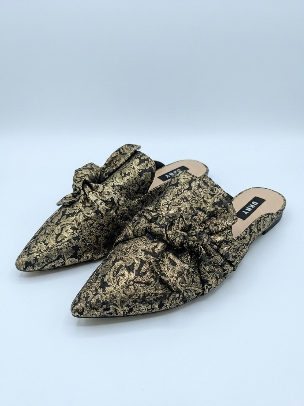 DKNY Gold and Black Brocade Knot Pointed Toe Slip-On Mules